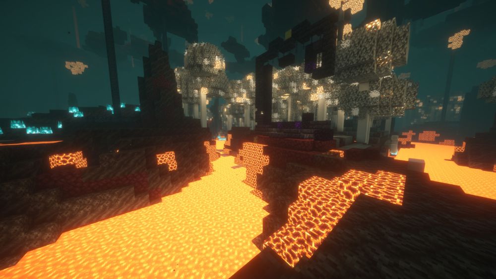 A lava river flowing through a soul sand valley. The valley is more flat the the typical nether. A large ruined portal is placed on the right shore. Behind the portal is a mysterious forest formed by trees with bone stems, white leaves, and glowstone.