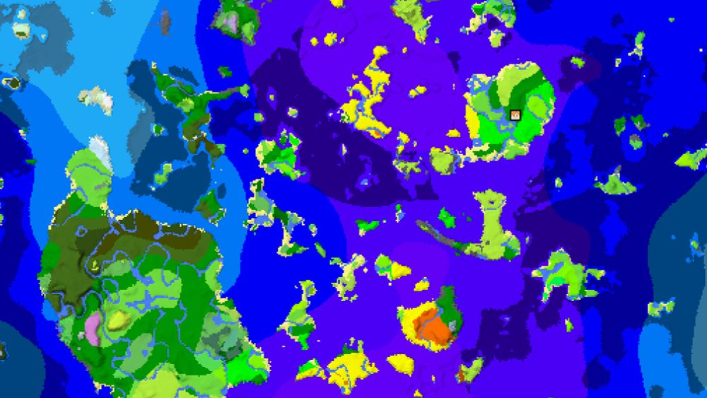 A map showing Minecraft biomes by color. The map shows multiple continents surrounded by water. The water-color also differs based on the specific ocean biome. Shading indicates terrain relief. On one continent a symbol indicates the spawn point.