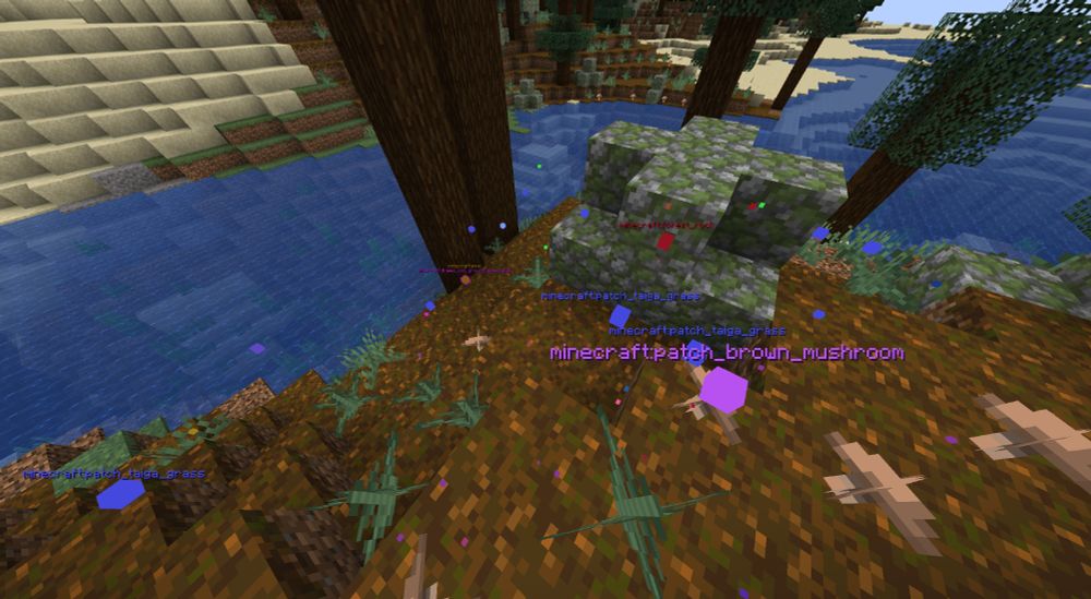 A Minecraft screenshot from inside a old growth pine taiga, with a river in the background. A number of markers of different colors are placed on screen, consisting of a cube and text above. The closest markers reads "minecraft:patch_brown_mushroom", "minecraft:patch_taiga_grass" (2 markers), and "minecraft:forest_rock".