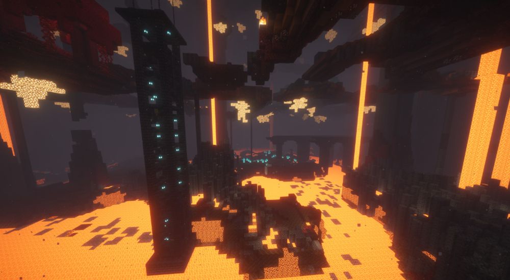 A elevated view of a lava river flowing though a valley with basalt deltas and soul sand valley biomes. Above the valley is a series of floating terrain stips that can be used as walkways. A tower in the foreground provides a connection between the valley floor and these walkways.

In the background a bridge of a fortress can be seen reaching over the river.