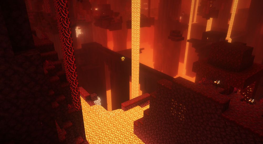 Looking down at a nether fortress over a large lava ocean. In the foreground the end of a lava river is seen between crimson forest. The river leads towards what appears to be a lavafall, though that is only visible from the back.