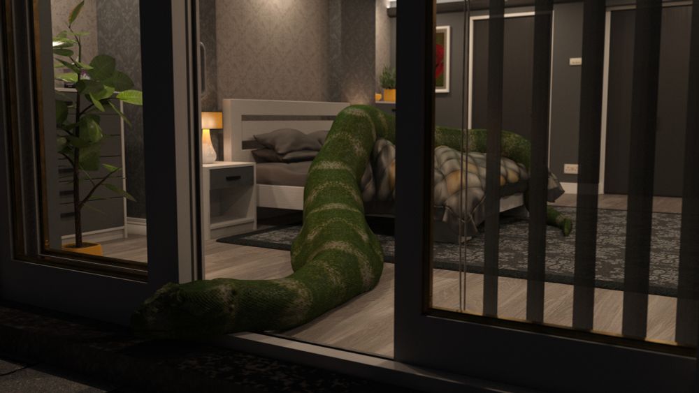 a snake with a human-shaped bulge escaping through an open door