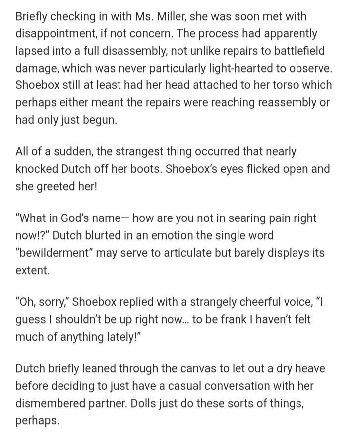 excerpt from my AO3 work The Misadventures of the Tin Soldiers, in which the protag talks with her lover/commander while partially disassembled