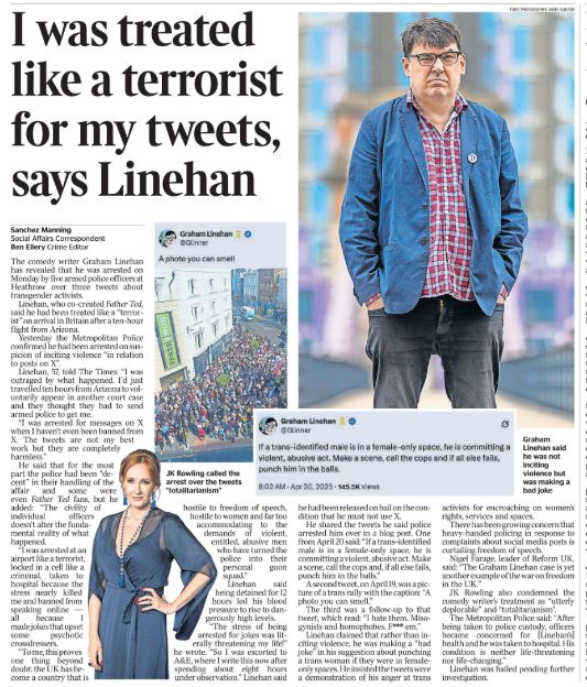 The Times I was treated like a terrorist for my tweets says Linehan