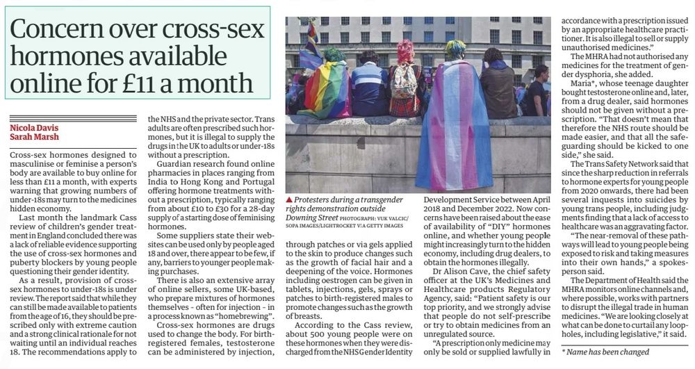 Guardian - Concern over cross-sex hormones available online for £11 a month