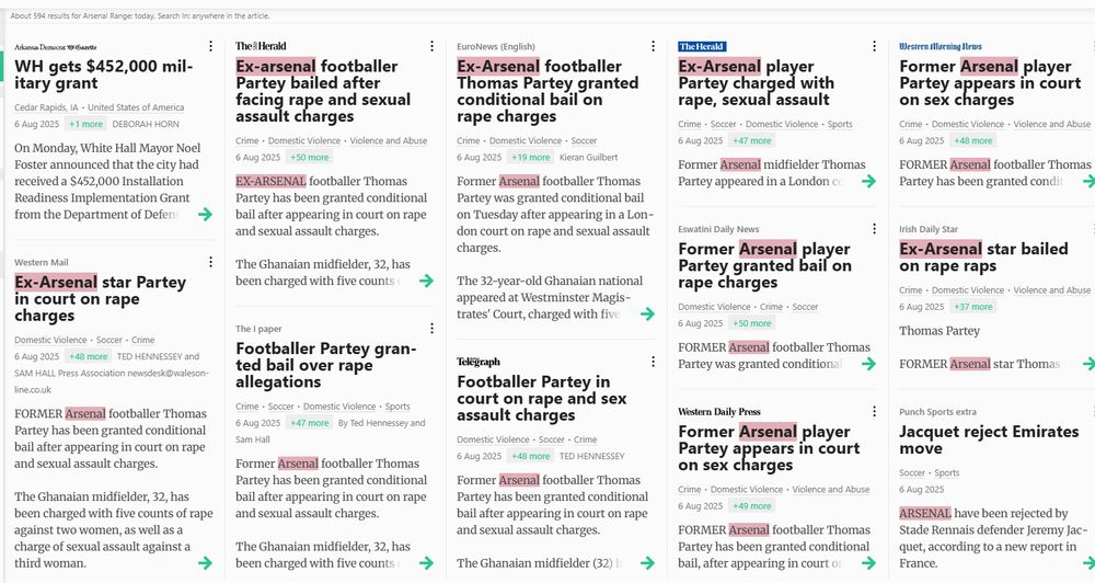 Results from Pressreader showing 12 articles, 10 of which are about Thomas Partey being in court on rape charges