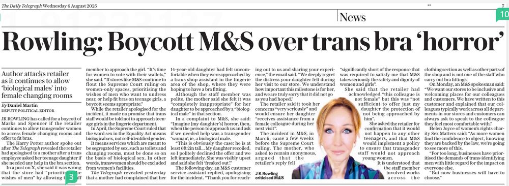 Rowling: Boycott M&S over trans bra 'horror' Daily Telegraph 6 August 2025, #TransAgendaClips