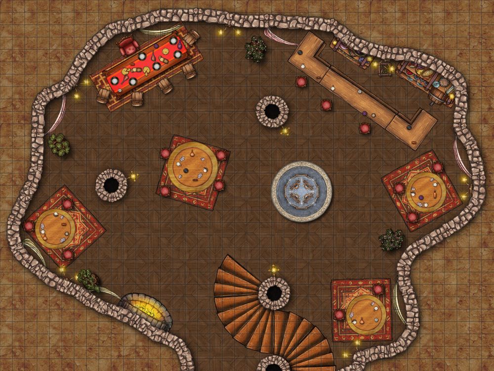 A top down battle map of an undergorund tavern