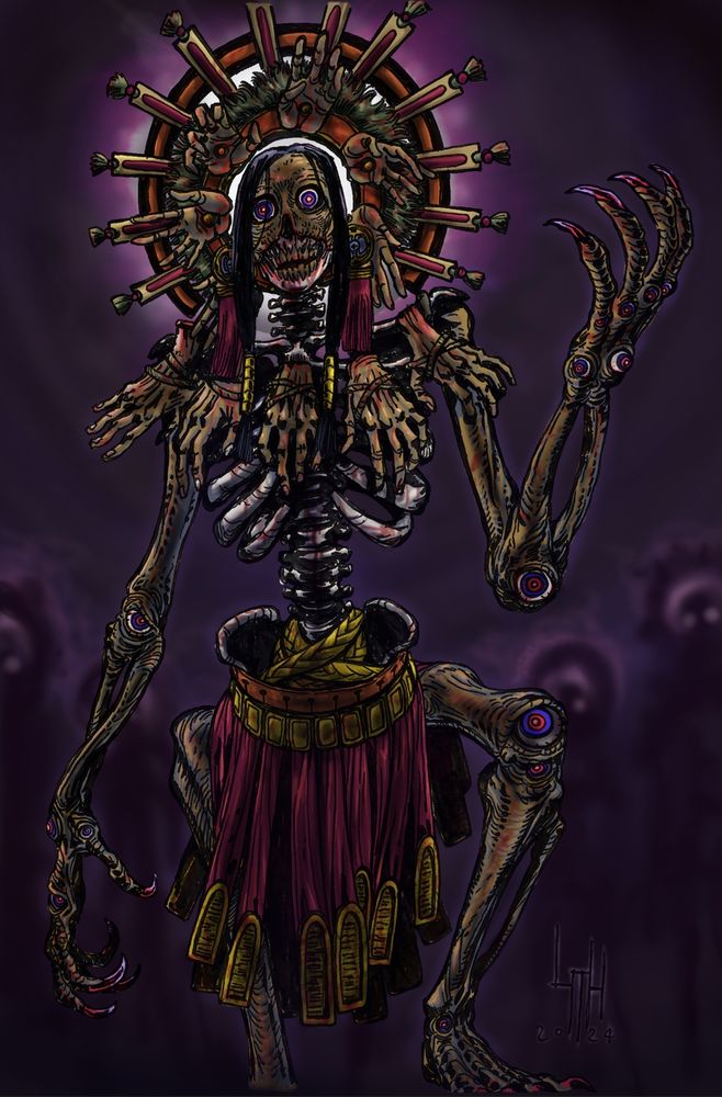 A representation of a Tzitzimitl, an aztec mythological creature akin to a skeletal deity related to eclipse events. Similar to the representation in the Codex Magliabechiano, the creature wears complex headwear filled with severed hands, wears more hands around its neck, and has strange eye-like protrusions in the joints of its clawed, bony body. Behind its headwear, a violet light pours through.
In the background, four other shadowy figures, similar to the first, loom, their eyes and headwears faintly shimmering in the dark.
