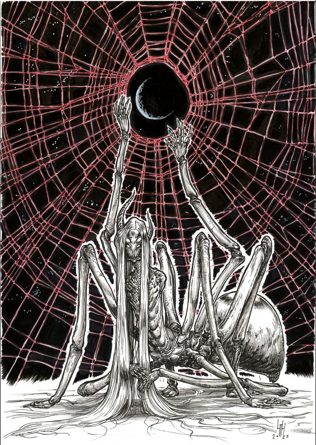 A monstrous scaled spider-woman. Her limbless torso rises from where a spider's mouth would be, and all the eight limbs of the spider are elongated, white and gangly, ending in fully functional seven-fingered hands. The head of the monster has incredibly long, white straight silken hair, falling in front of her. The woman has a hybrid face between human, insect and reptilian, with six visible eyes, mandibles around the sharp-teethed mouth, and two curved horns rising to the side of the head, one horn slightly longer than the other.
Behind the spider-woman, the black starry sky, with a waning(waxing?) crescent moon above the spider-witch, framed in a hole at the centre of a massive spiderweb. The picture is completely black and white with the exception of the spiderweb, which is red, slightly fleshy, and irregular. The spider-witch raises two of her limbs to the moon behind her as if she can reach or grasp it, while two other limbs stroke her hair.