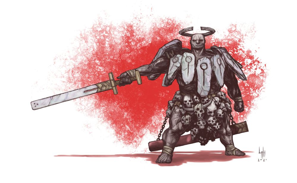 A large, stone-skinned bald humanoid wields a large executioner's sword. The humanoid wears a set of stone slabs roughly carved into plates, a skirt made of skulls (humanoid or monstrous) that covers completely his loins, and a red scabbard. An incomplete stone halo hovers his head. A blood red patch explodes in the background.