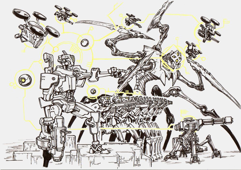 A droid wielding a grenade launcher leads a unit of gun-wielding robots, various flying drones, and an arachnoid mechanical abomination. The picture is in black and white, but each unit is connected to the leading droid through circular yellow lines.