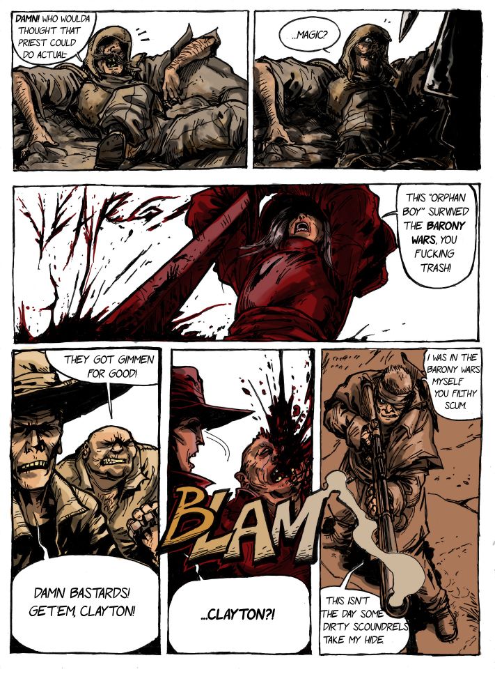 As Gimmen falls to the ground, Joe closes the distance and strikes him down. The other bandits are taken aback, and Woodlaw shoots one with his musket while he's got the advantage.