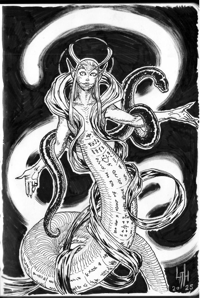 A hybrid creature moves around with open arms. The creature is androgynous, appears to be akin to an elf in its upper body and a long, giant snake in the lower. Symbols and runes are carved on the belly of the creature. A long strip of clothing surrounds and covers suggestively some parts of the creature, while a black python snake rests on its arms. A black background is interrupted by a white silhouette of a slithering snake.