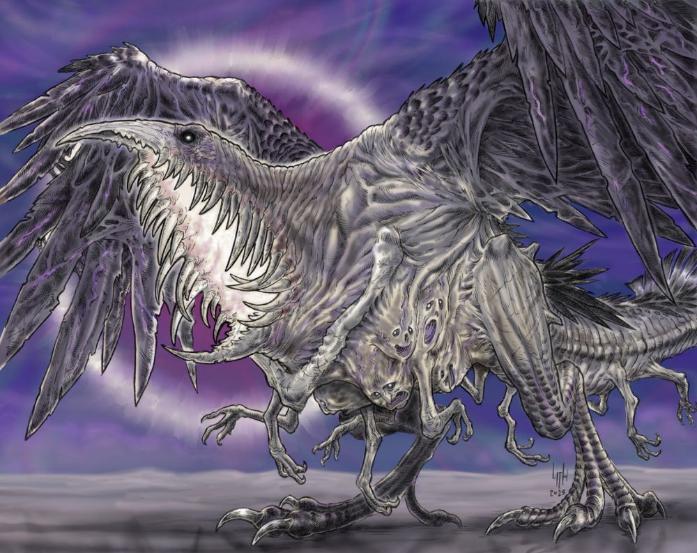 A monstrous bird-like creature standing on its hindlegs and screaming. The creature has violet wings with thick, osseous, blade-like dark pseudo-feathers with pulsating veins running through them.
The creature's corvid beak opens unnaturally as a fanged maw, shining a bright light from inside the large throat. A bright violet aura is emitted from the creature's sound, like a soundwave or a halo.
The creature sports a massive wishbone, and under its belly, multiple faces and vestigial arms grimace and claw around. The monster has a large, crostacean-like tail ending with a fan of black feathers.
Beyond the creature there's a grey wasteland under blue-violet, iridescent skies.