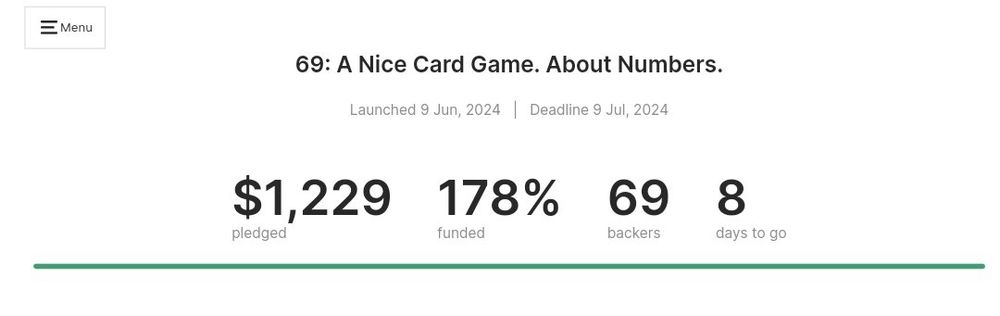 A screenshot of the kickstarter for 69: A Nice Game About Numbers, showing 69
backers