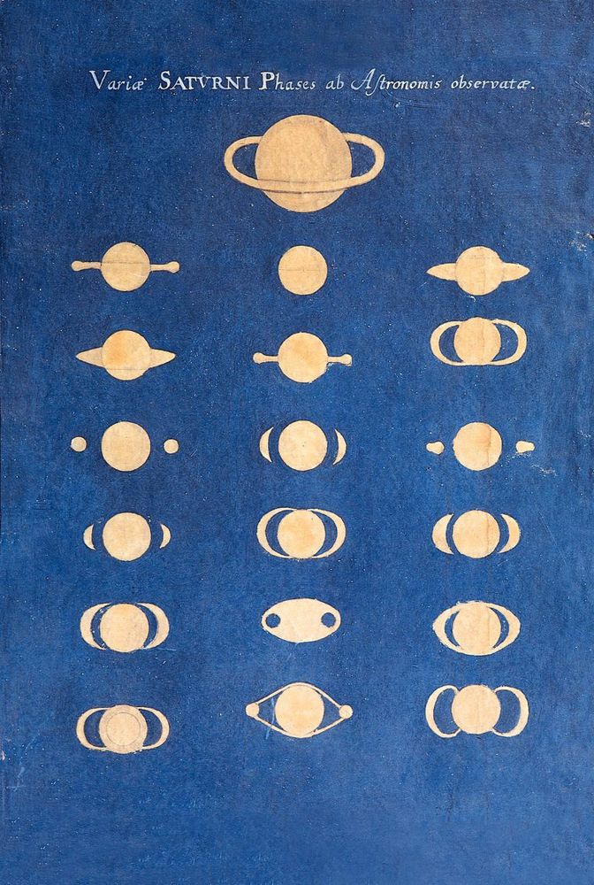 the phases of Saturn in gold on a deep blue background