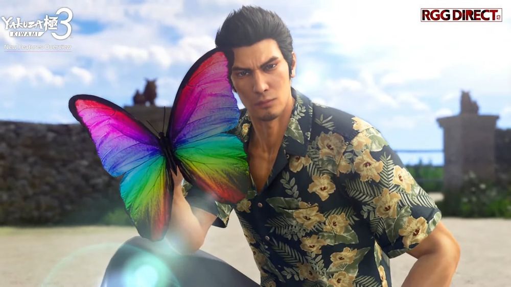Kiriyu from the yakuza series showing a giant rainbow butterfly to the camera