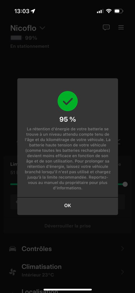 Capture d’écran de l’app Tesla qui indique que la batterie a une santé de 95 %. 

