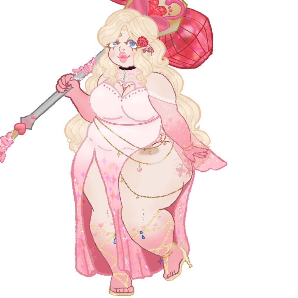 Minha Oc Charlotte D’Amore, uma vampira, usando um vestido longo cor de rosa sem mangas que tem duas fendas grandes na saia e que as mangas são separadas.