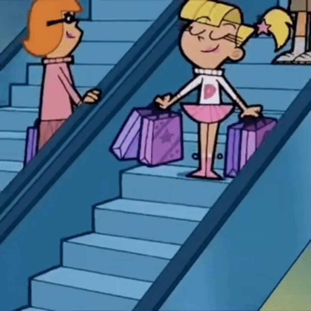 a cartoon girl with the letter p on her shirt is walking down stairs