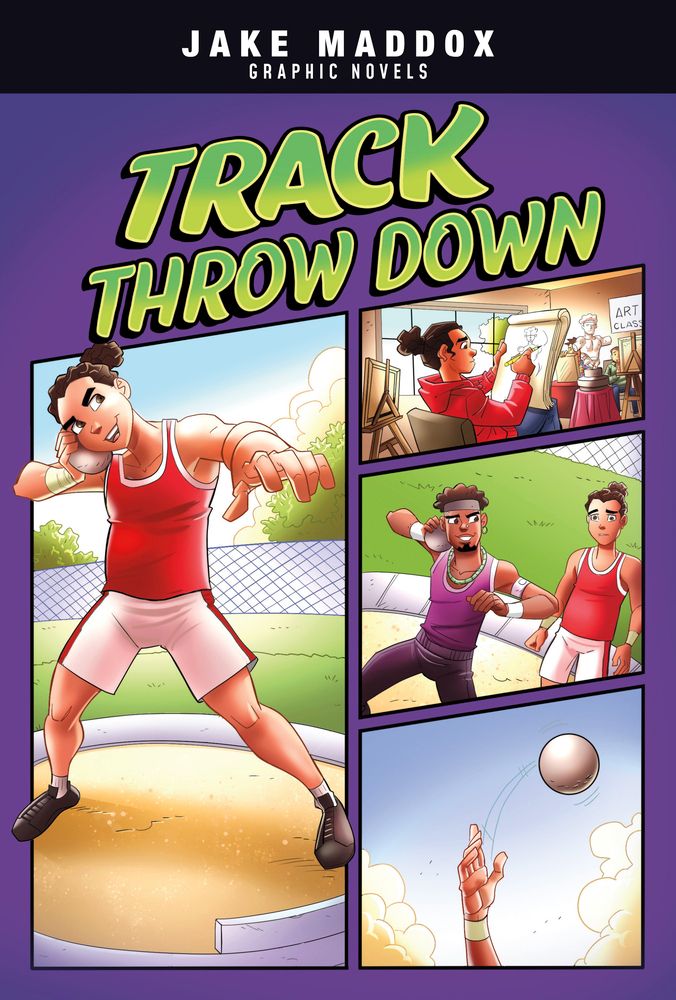 Cover for 'Track Thrown Down' 
Banner at the top "Jake Maddox Graphic Novels"

Features four illustrations of a highschool athlete in a comic panel layout. 
1. Angel stands in a Shot Put circle ready to throw.
2. Angel sketches a figure in art class
3. Angel watches his coach show him how to throw.
4. A close up of a hand releasing a shot into the air. 

Art by Eduardo Garcia