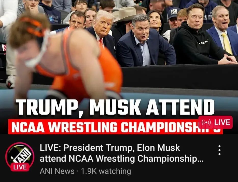 Donald Trump, Elon Musk, and Jim Jordan among others seemingly ogling a male wrestler during the NCAA Division 1 Wrestling Championship. 
