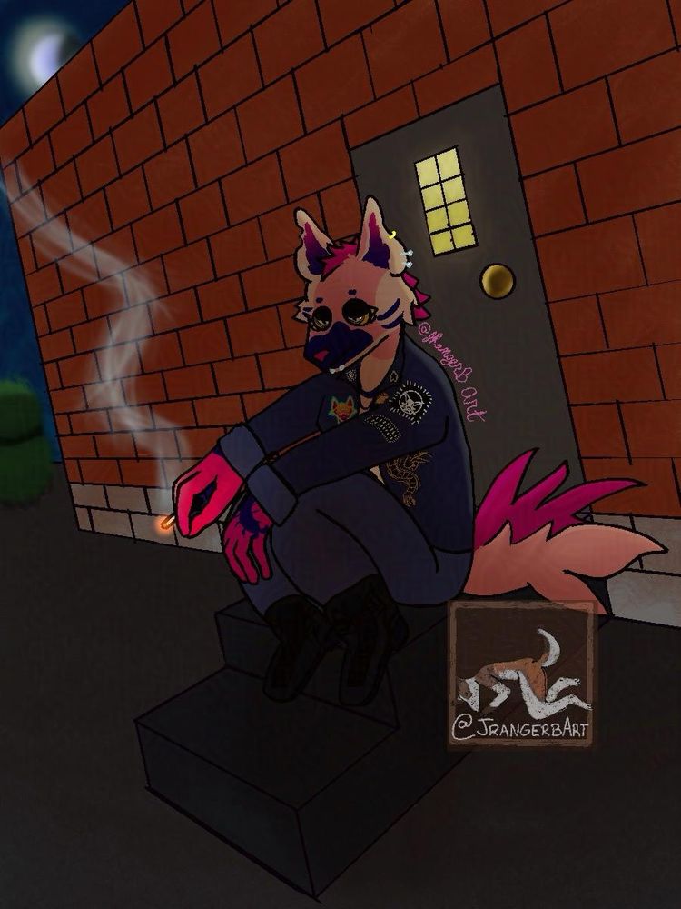An art trade for @ki11erkitt3n.bsky.social in which Milo’s main sona, Yeen, is seen behind a brick building sitting on a staircase, smoking a cigarette.

Art was made in March ‘25 by JrangerbArt.bsky.social.