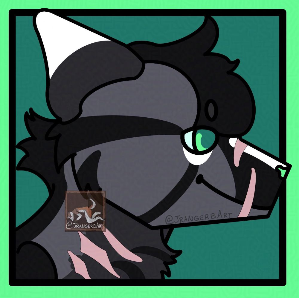 Headshot of falconstep, an OC that belongs to Arlo (cryptic_faun on artfight). Falconstep is a grey, black, and white cat with pink scars on his neck and muzzle. He has green eyes.
The background is two squares of green, one inside the other, with an outline of black around the inner square. Some parts of the character are outside the black outline of the background while other parts stop at the black outline.

Art by JrangerbArt.bsky.social made in July ‘24 for art fight.