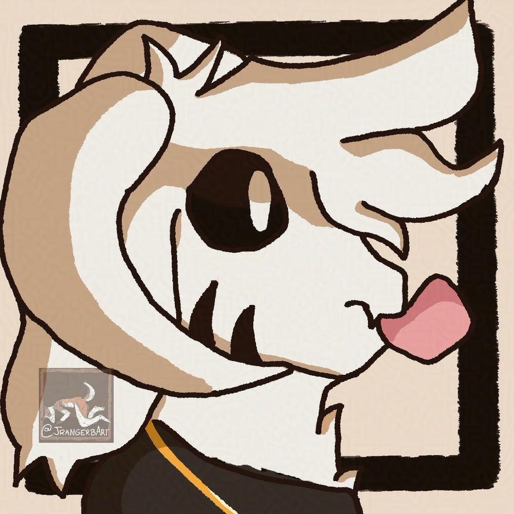 An attack on HowlDarling’s Undertale kinsona character, Samael. 
This is a shaded side profile/headshot/bust drawing with a sketchy/wobbly line art.
The character is based on Asriel Dreemurr, and has white fur, curved white horns, black scaleras and white pupils, as well as two black half-crescent shaped curved triangles on his cheek.
He is wearing a black t-shirt, and a gold necklace which would have a heart shaped locket if it were in the frame of the drawing.
He is blowing a bubblegum bubble through his pointy smile.
The background is an off white color with a black square behind the character.
In the foreground, there is a logo of a sleeping marble fox which has the text “@JrangerbArt” below it. 
Made in procreate