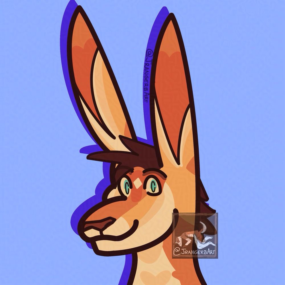 Headshot of my husbands main OC, Bynn, that I drew when he got a mullet.
Bynn is a red kangaroo that is shades of orange. He has green eyes with tannish yellow “whites of the eye” and a brown mullet. The background is a couple shades of blueish purple.

The character was originally designed by wallaby tea on Instagram.

Created by JrangerbArt.bsky.social in June ‘24