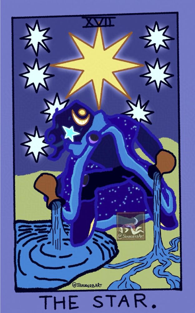 This art fight attack was technically a revenge, but I didn’t know that at the time, so it wasn’t labeled as such.

In this tarot card, Nightlight holds onto two clay jugs, pouring one into a pond that they gently dip their foot into. Another they pour on the ground, which makes small water paths that wind across the ground, with one spilling into the pond. In the background the sky is a muted blueish-purple, the ground is green, there are seven silver 8-pointed stars and one big yellow 8-pointed star. All eight of these stars light the sky aglow.

Nightlight is a blue character with wavy dark blue hair that curls gently upwards. They wear a starry blue cloak with a sky blue trimming along its edge. They have a purple crescent moon clasp that fastens the cloak around their neck, which matches the pieces that are attached to their knees. They wear black pants, and a dark indigo pair of boots with golden heels. One eye is a bright blue five-point star, and the other is a golden crescent moon with a similarly colored circle at the right of the moon shape.

This was based on The Philly Tarot Deck’s interpretation of The Star tarot card.

This full body art was made in procreate in July ‘25 for Artfight by @JrangerbArt.bsky.social