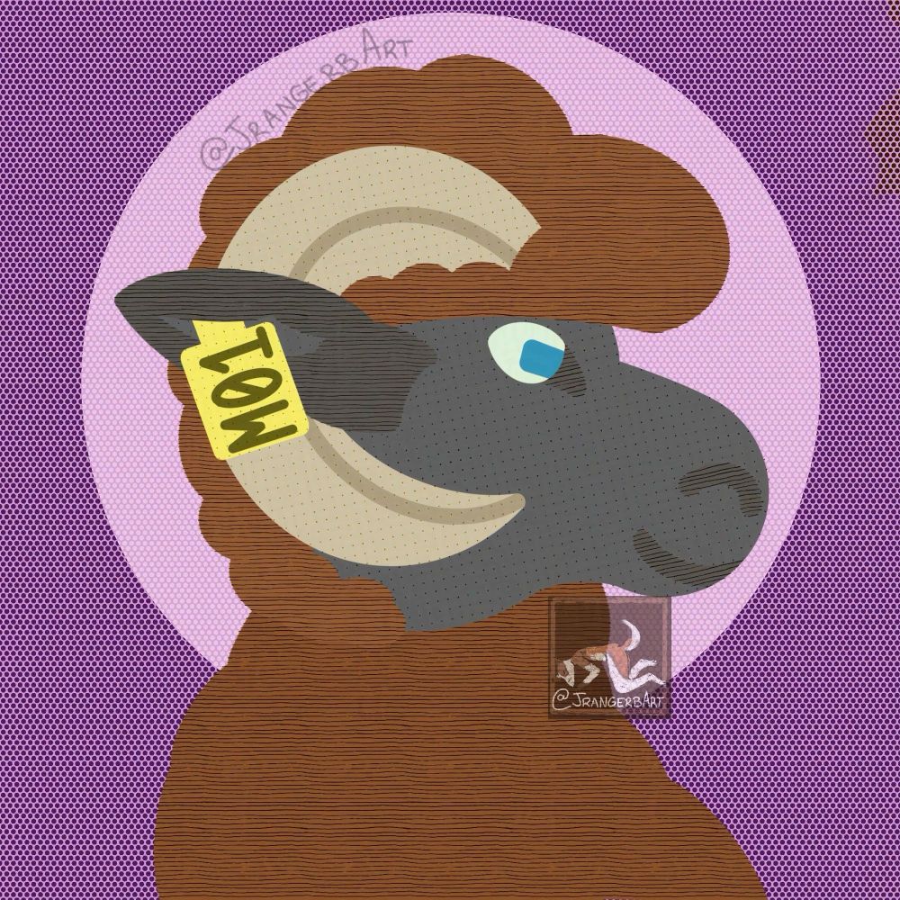 Art of @marchiosheep’s OC, Marchio. Marchio is a grey sheep with brown wool. She has rectangular blue pupils, tan curved horns, and a yellow ear tag that says M01. The background is shades of pink. The art was shaded with a set of manga brushes

Art was made by JrangerbArt.bsky.social in June ‘24