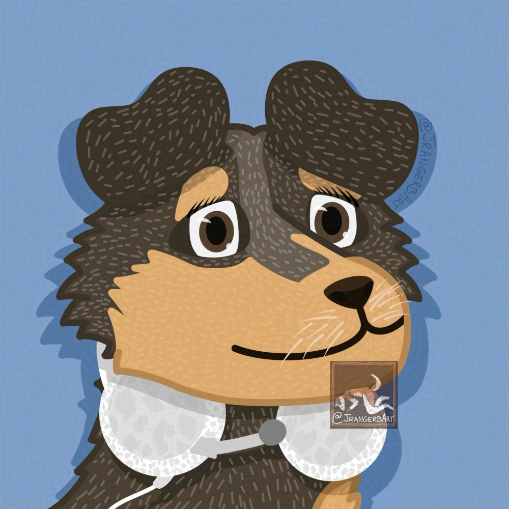 A drawing of my eldest Australian shepherd/English shepherd “puppy” (10 years old) named Missy who has a set of white and grey camouflage patterned gaming headphones around her neck. She has a merle color pattern and is shades of brownish grey and tan. Her eyes are brown.
Art was made in procreate