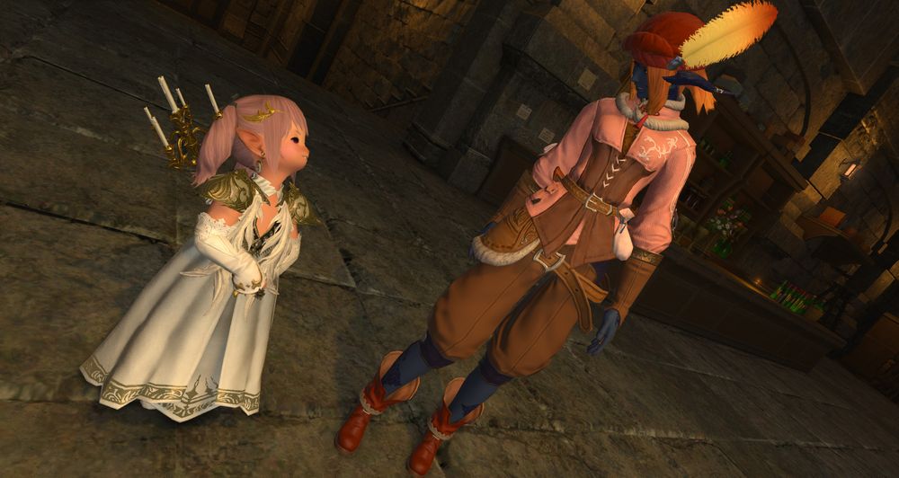Tataru and Drakyr have switched outfits. Now Tataru is dressed in white with gold accents, looking fancy and elegant but still powerful - and Drakyr is bedecked in a cute red beret, looking ready to balance some coin coffers. They're standing next to and looking at each other with smiles on their faces. 