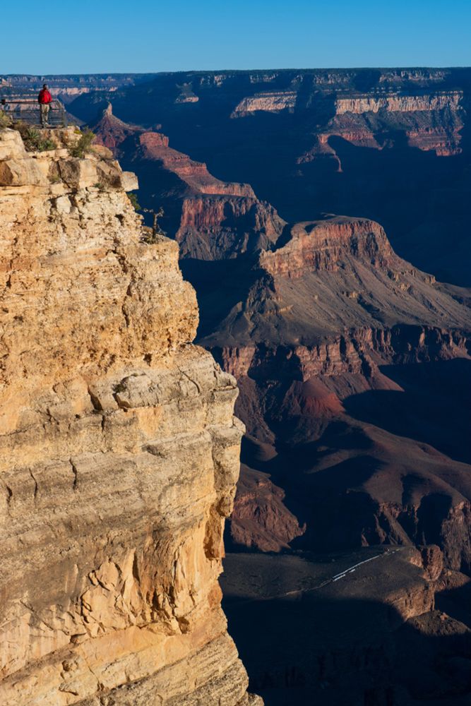 A person standing on top of a cliff overlooking the Grand Canyon.