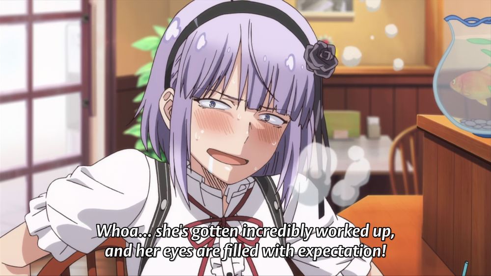 "Whoa... she's gotten incredibly worked up, and her eyes are filled with expectation!"