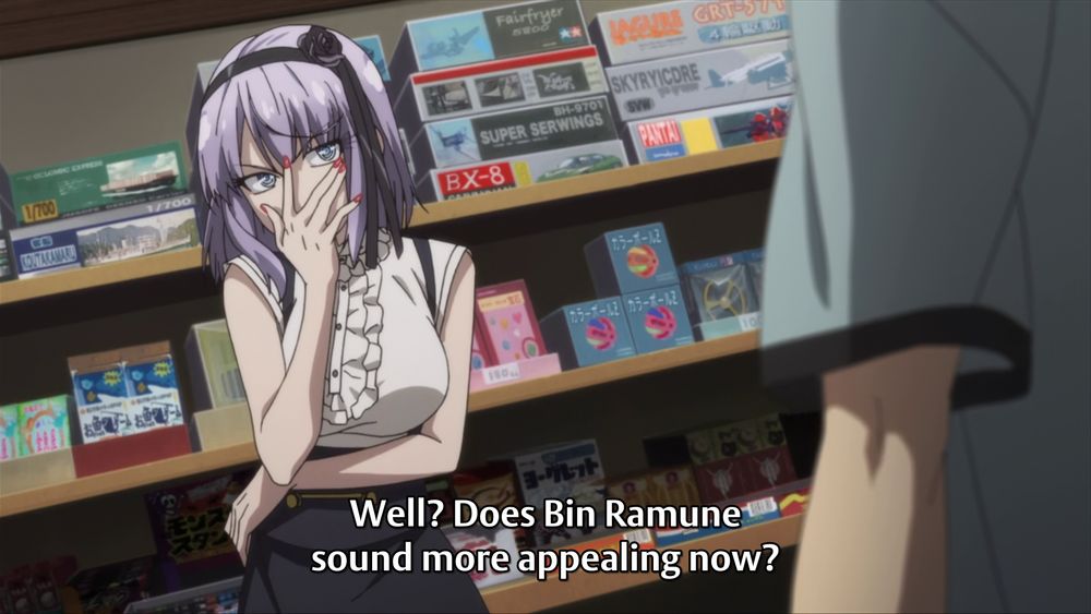 "Well? Does Bin Ramune sound more appealing now?" says Hotaru as she tries to look super cool and mysterious despite talking about snacks.