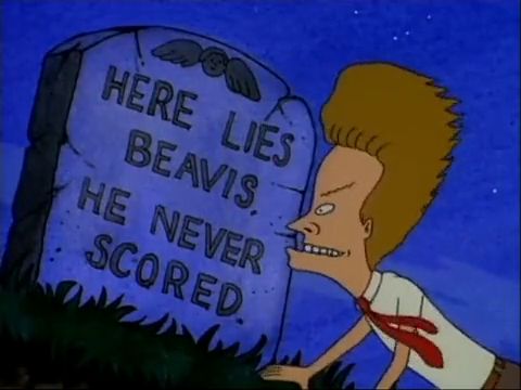 Beavis at his gravestone, "HERE LIVES BEAVIS. HE NEVER SCORED"