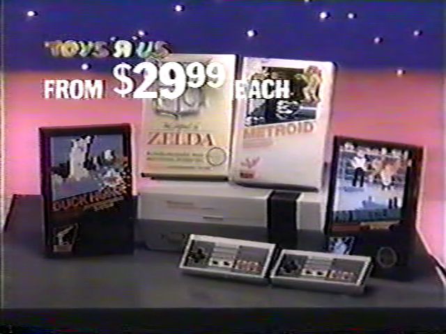 Toys'R'Us commercial slide from the 1987 Macy's Thanksgiving Day Parade. Duck Hunt, The Legend of Zelda, Metroid, and Pro Wrestling are all only $29.99 each for the Nintendo NES