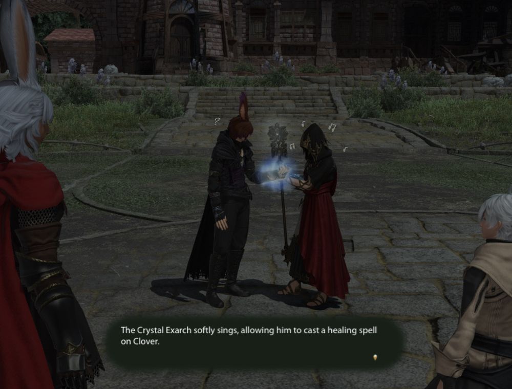 a system dialog box reads “The Crystal Exarch softly sings, allowing him to cast a healing spell on Clover.” Exarch has little music notes around him while Clover has a “?” next to his head, as he’s not sure why he’s singing. Lyna and Alisae stand nearby, watching what’s going on.