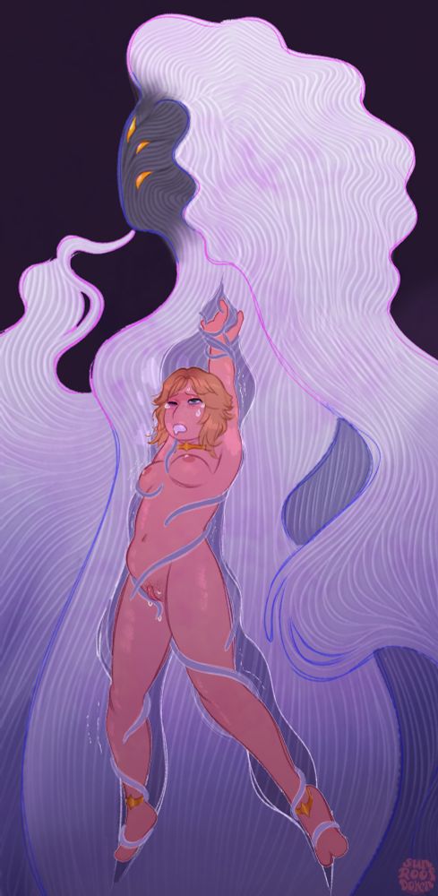 Ira, a member of the plant-like aliens named Affini in the fictional world of Human Domestication Guide, and her human pet, being carried within the vines of her torso area.