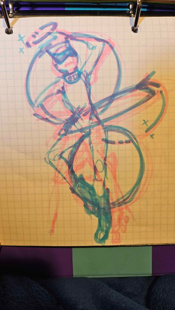 A sketch of a character juggling several large hoops