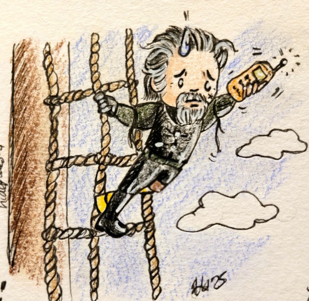 Doodled picture of the character Izzy Hands from the series Our Flag means Death in chibi style, clinging to the rigging, trying to get a signal for an old-timey orange Nokia mobile phone