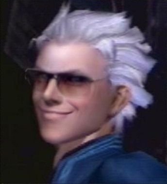 vergil from devil may cry 3, wearing brown sunglasses and smiling