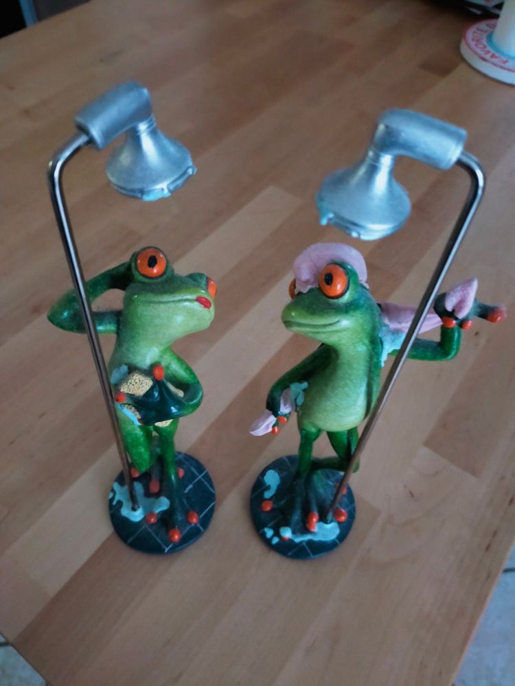 Zwei Froschfiguren stehen jeweils unter einem Duschkopf und seifen sich ein bzw trocknen sich ab.