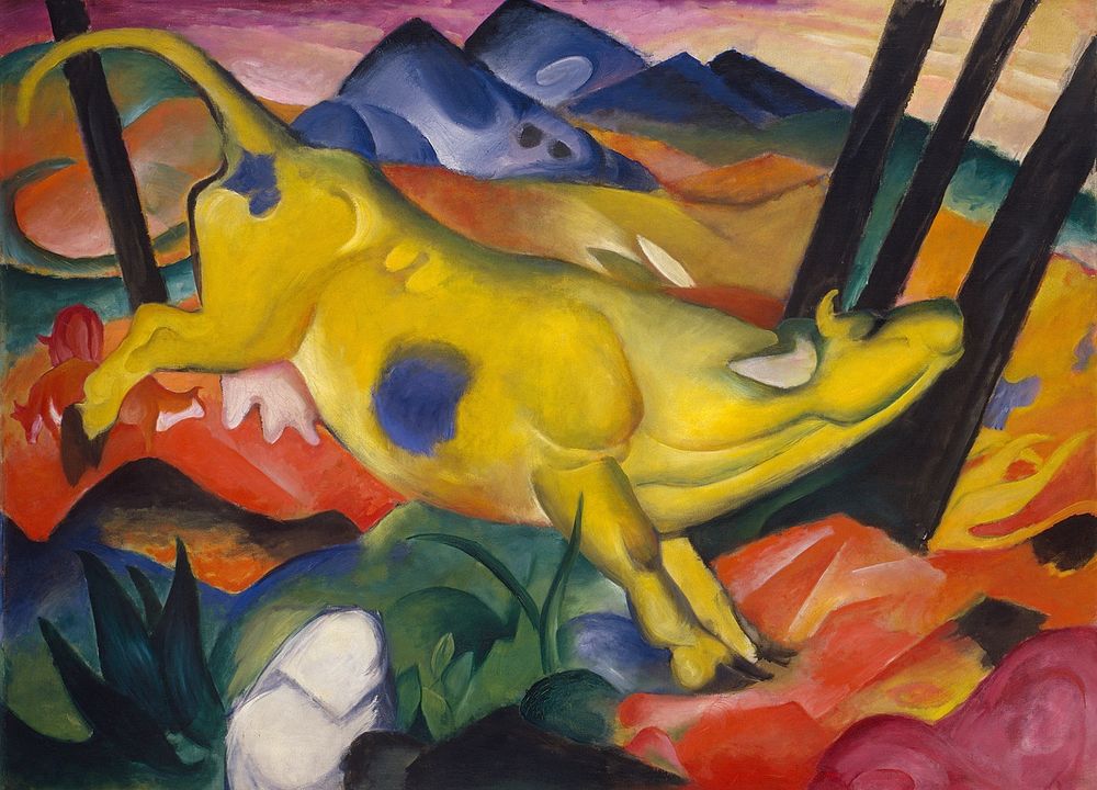 Picture of “Yellow Cow (Gelbe Kuh)” by Franz Marc from the Guggenheim Museum. The notes say “His vision of nature was pantheistic; he believed that animals possessed a certain godliness that men had long since lost” and “yellow, a “gentle, cheerful and sensual” color, symbolized femininity, while blue, representing the “spiritual and intellectual,” symbolized masculinity.” I don’t see any of that
