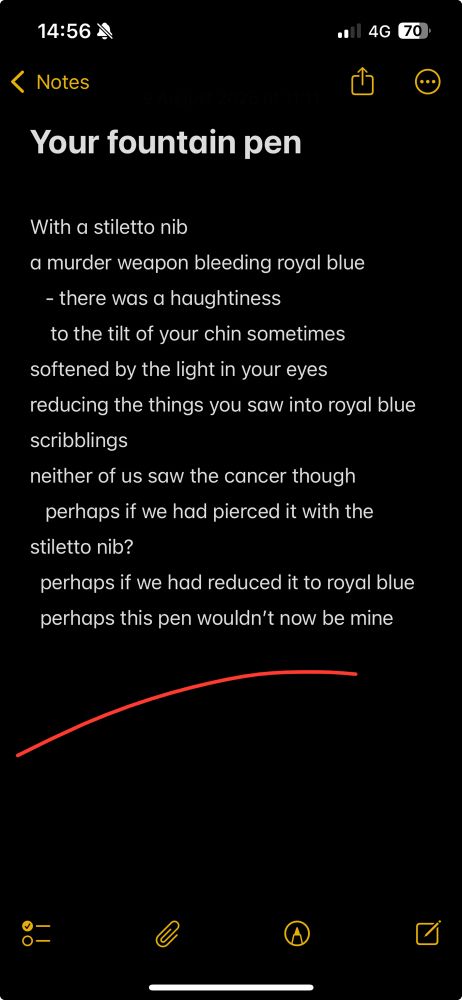 A picture of my poem in response to the prompt:
Your fountain pen

With a stiletto nib
a murder weapon bleeding royal blue
   - there was a haughtiness
    to the tilt of your chin sometimes
softened by the light in your eyes
reducing the things you saw into royal blue          scribblings
neither of us saw the cancer though
   perhaps if we had pierced it with the stiletto nib?
  perhaps if we had reduced it to royal blue
  perhaps this pen wouldn’t now be mine 
