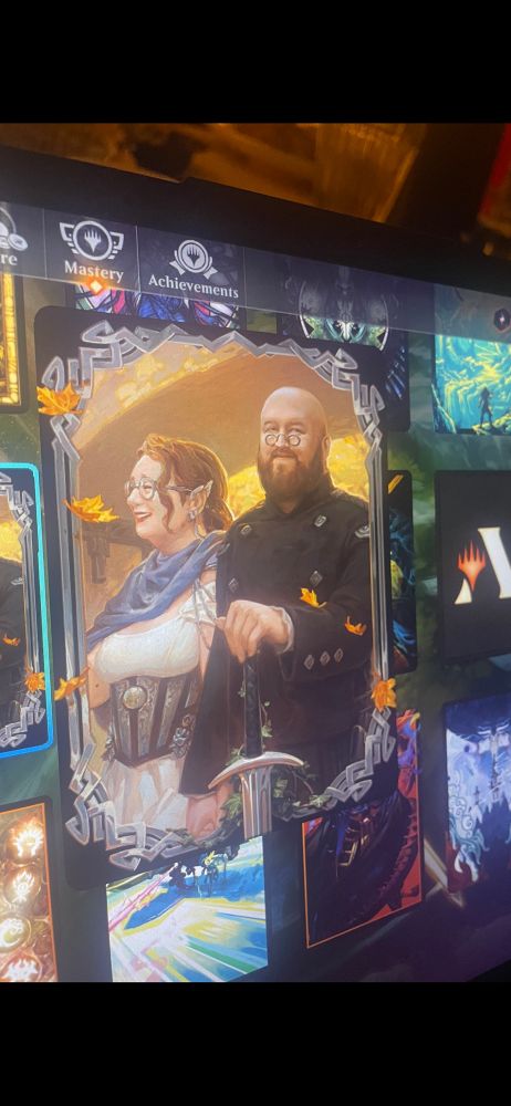 Two humans on a magic sleeve in arena. Neither are known characters. 