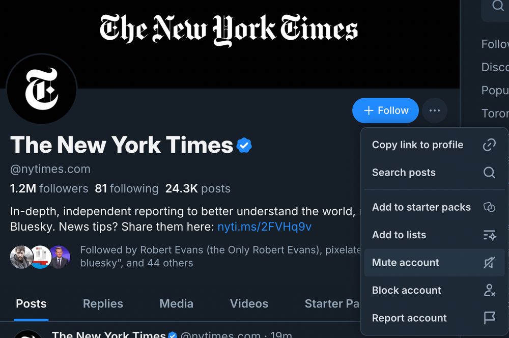 The New York Times profile. The menu drop down selected and "mute account" is highlighted.